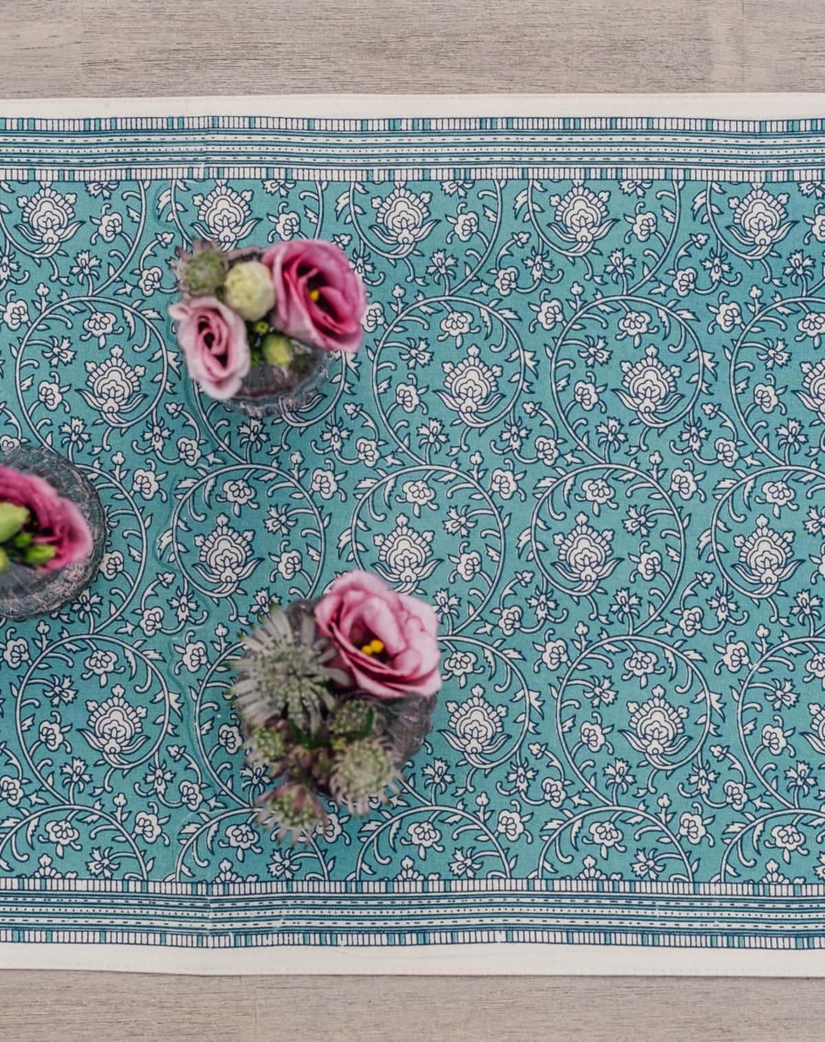 Jamini Block Printed Cotton Floral Table Runner in Turquoise