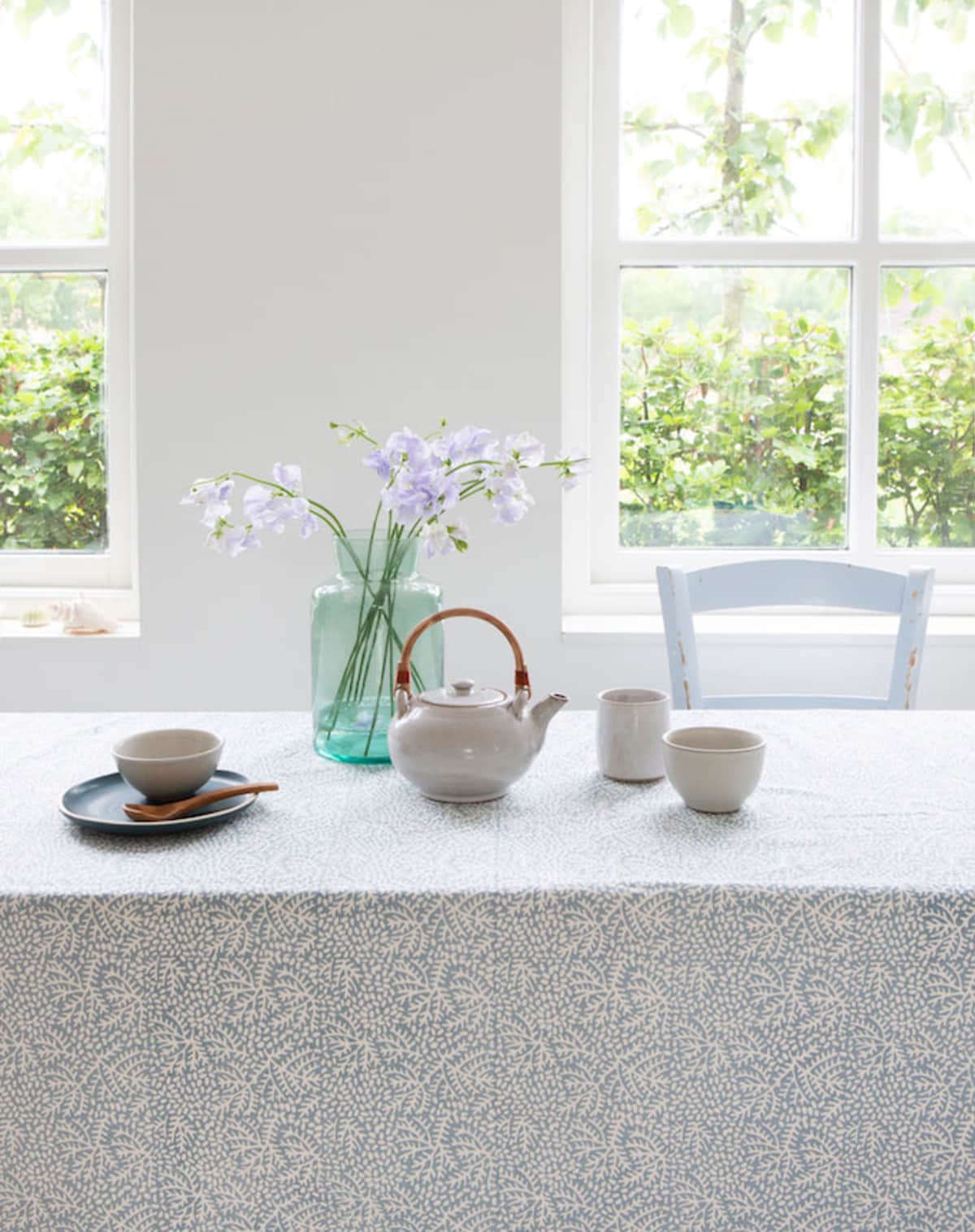 Roza Blue Block Printed Floral Tablecloth in Mineral Blue