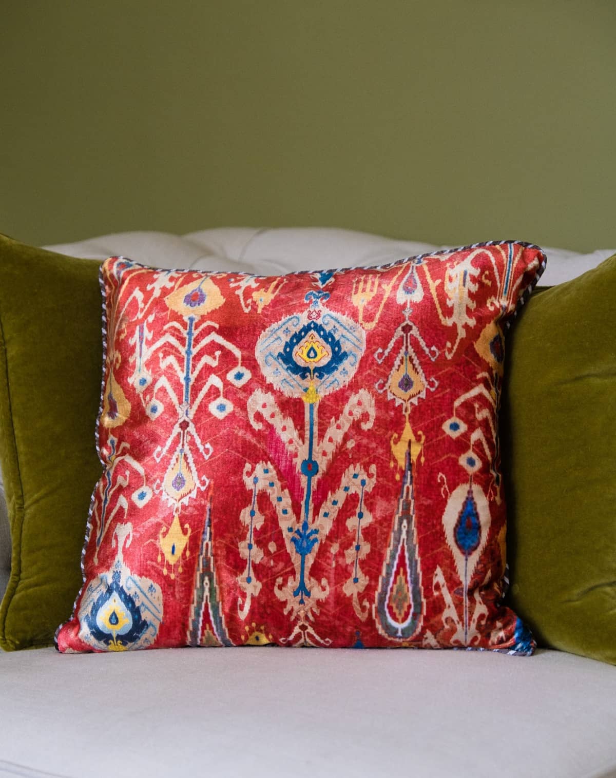 Aman Arora Bukhara Ikat Cushion in Ruby Velvet and Satin