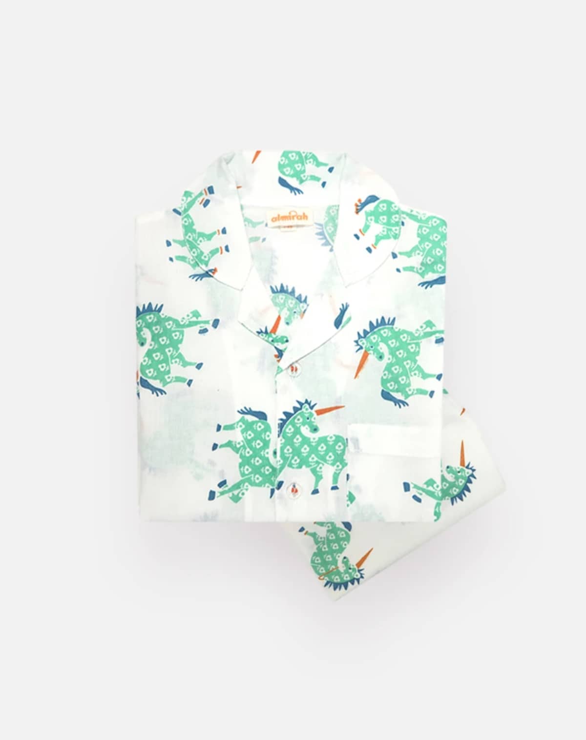 The Almirah Kids Unicorn Pyjamas Set in Green and White