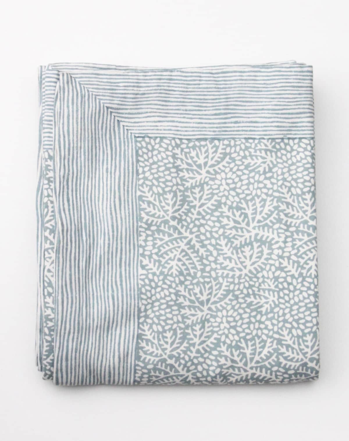 Roza Blue Block Printed Floral Tablecloth in Mineral Blue