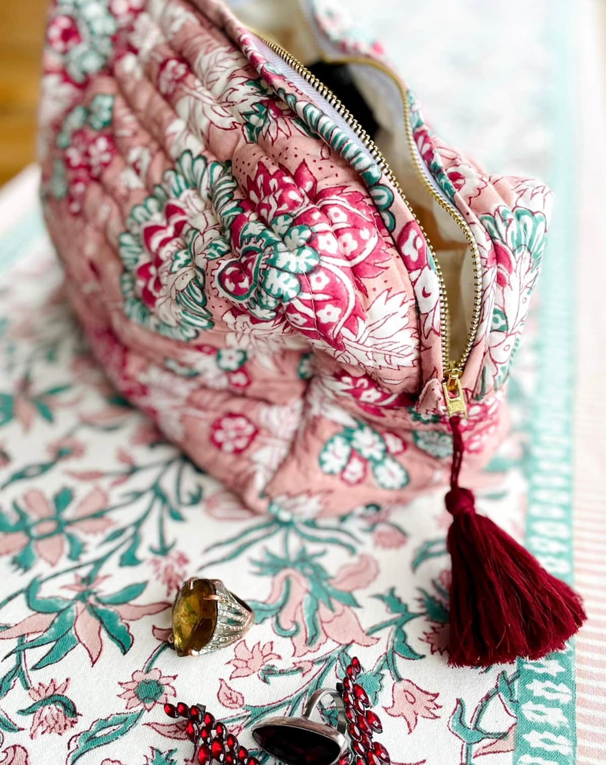 Floral Block Printed Wash Bag