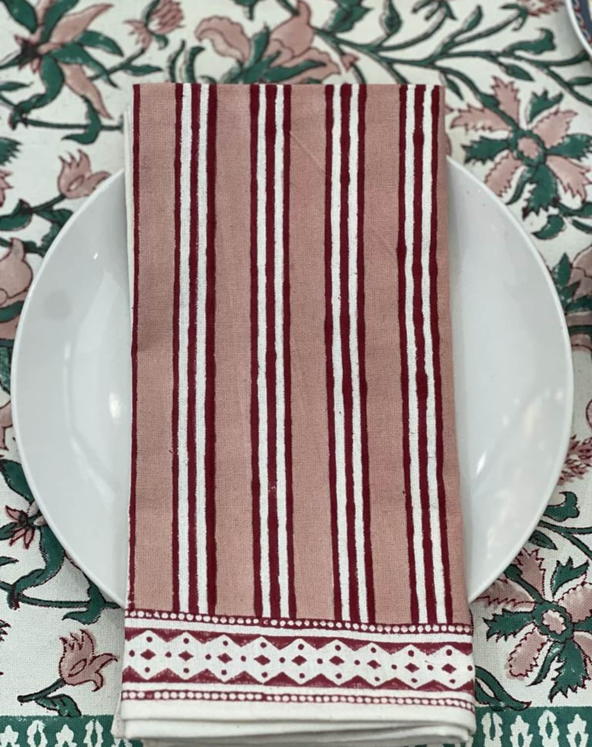 Rosie Dalia Block Printed Cotton Napkin in Blush Cherry Stripe