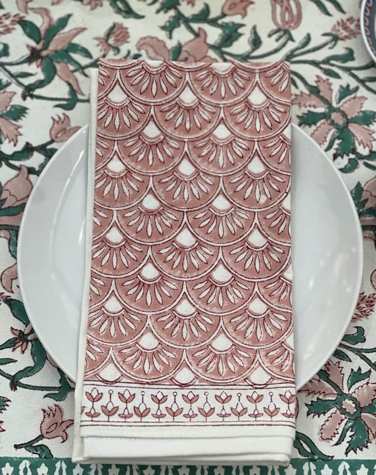 Rosie Dalia Block Printed Cotton Napkin in Geometric Blush Cherry