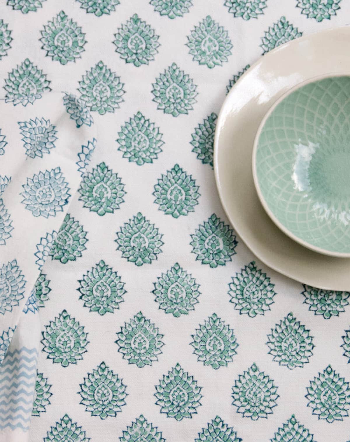 Karlijn Van Driel Block Printed Cotton Tablecloth in Lotus Green