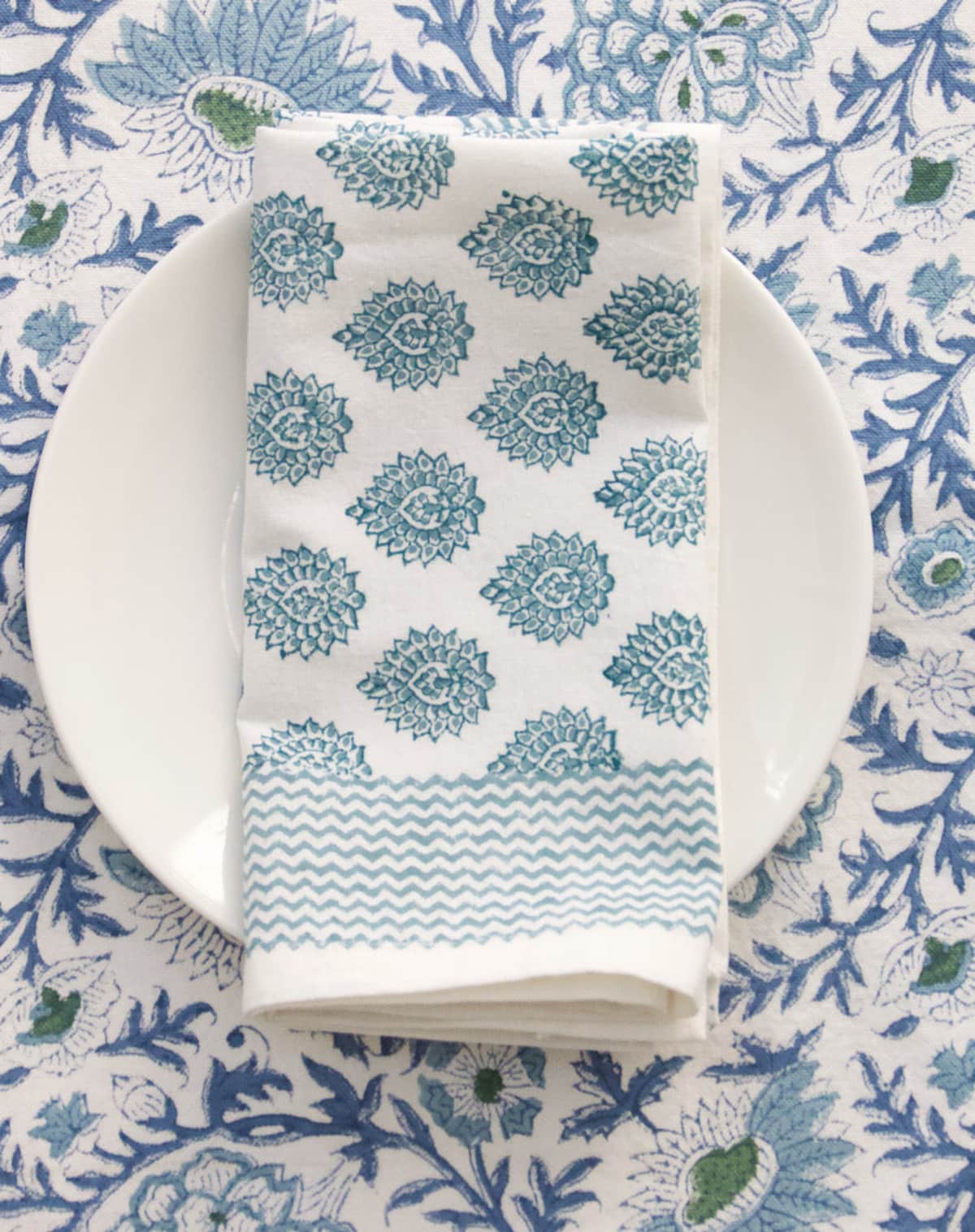 Roza Blue Block Printed Cotton Napkin Set in Lotus Green