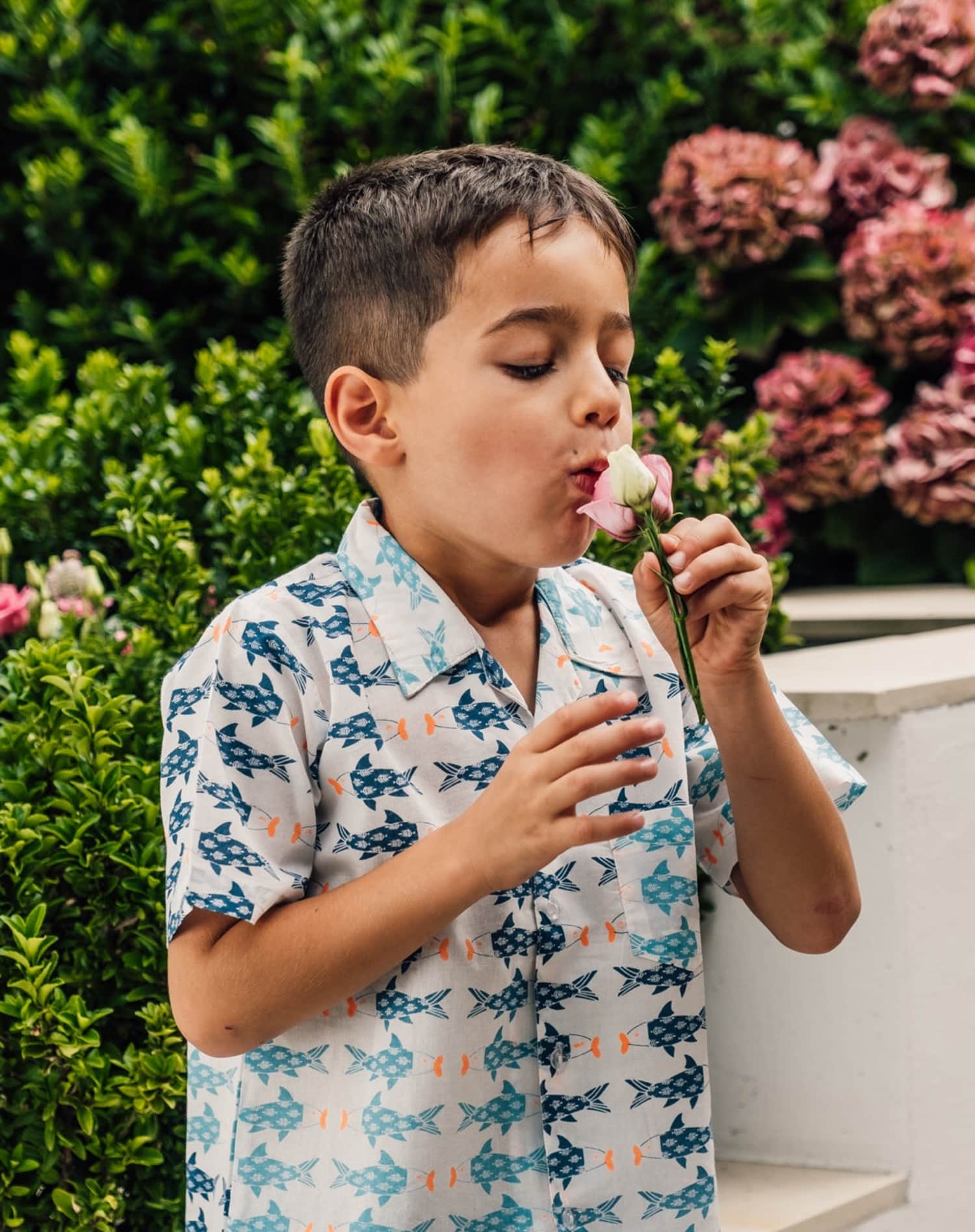 The Almirah Kids Cotton Shirt in Blue & Aqua Fish Print