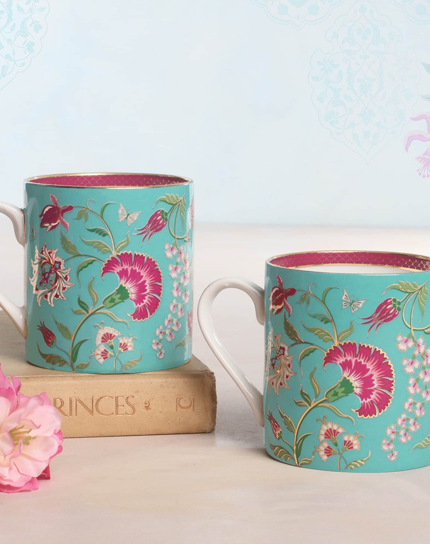 Kainaat Set of 2 Fine Bone China Turquoise Floral with 24k Gold