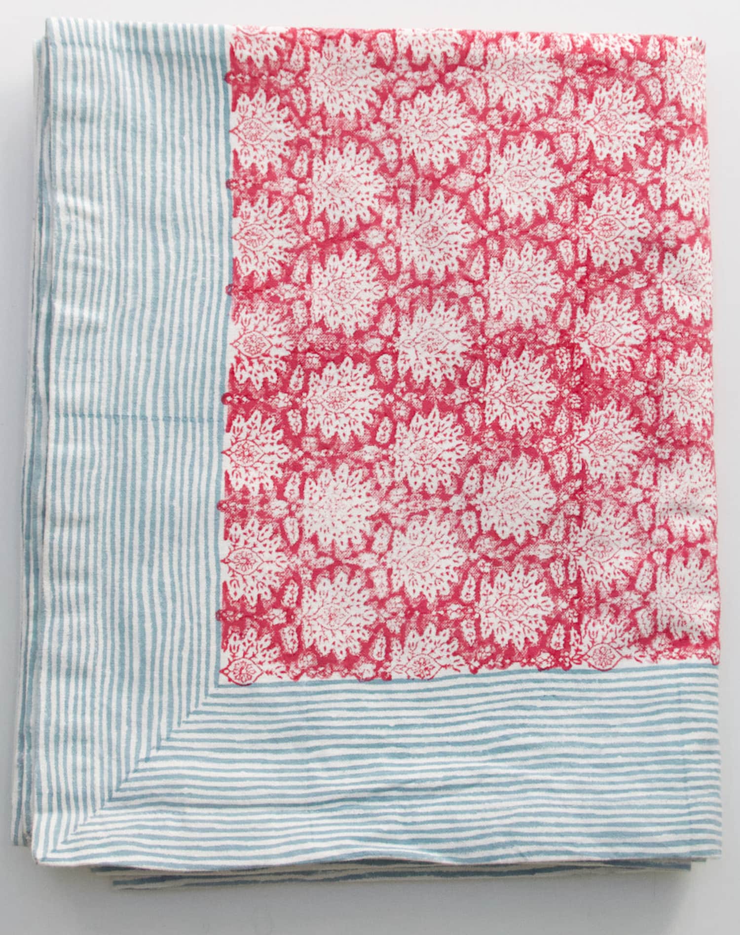 Roza Blue Block Printed Cotton Tablecloth in Breezy Cherry