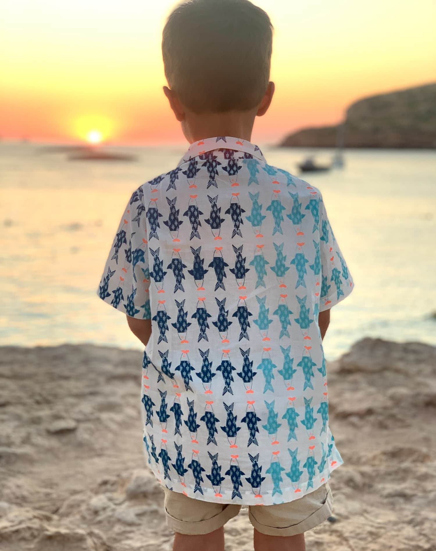 The Almirah Kids Cotton Shirt in Blue & Aqua Fish Print
