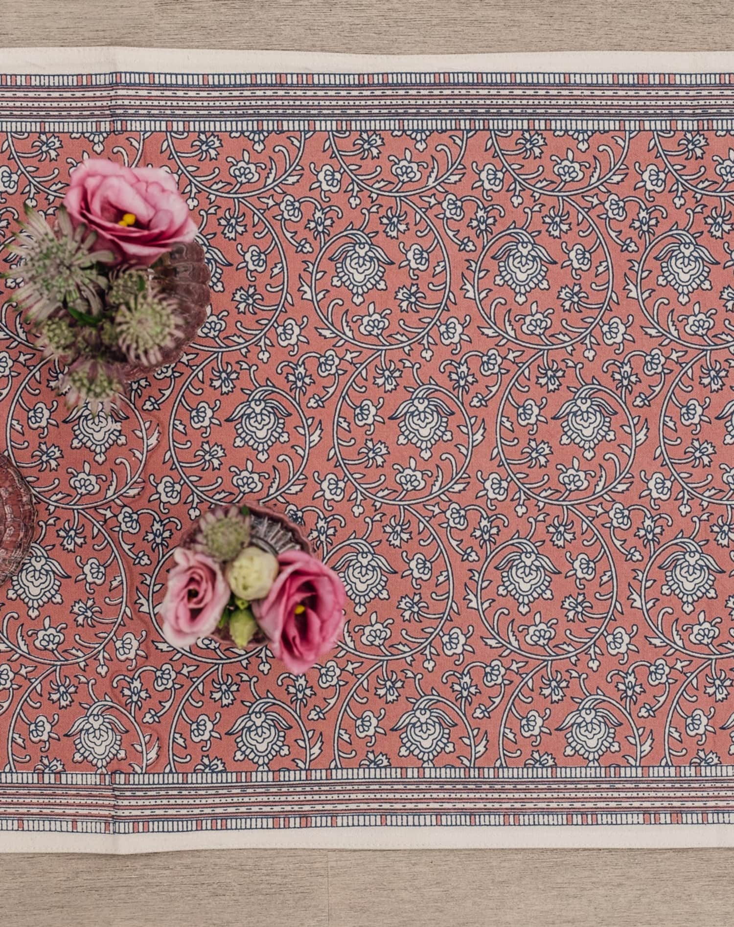 Jamini Block Printed Cotton Floral Table Runner in Dusky Pink