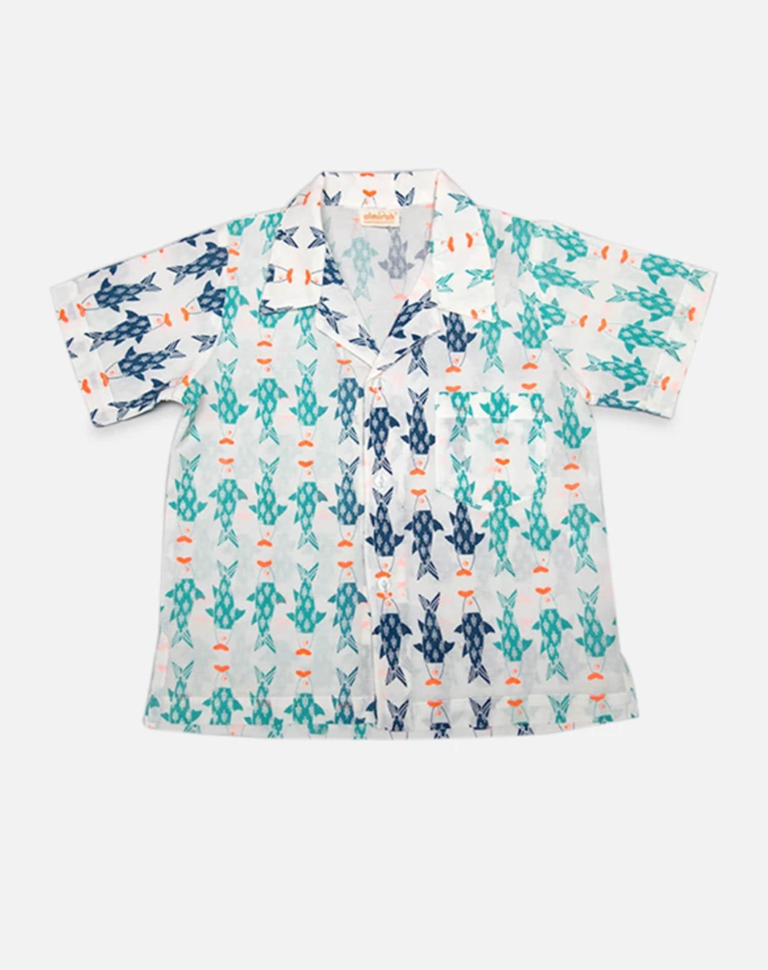 The Almirah Kids Cotton Shirt in Blue & Aqua Fish Print