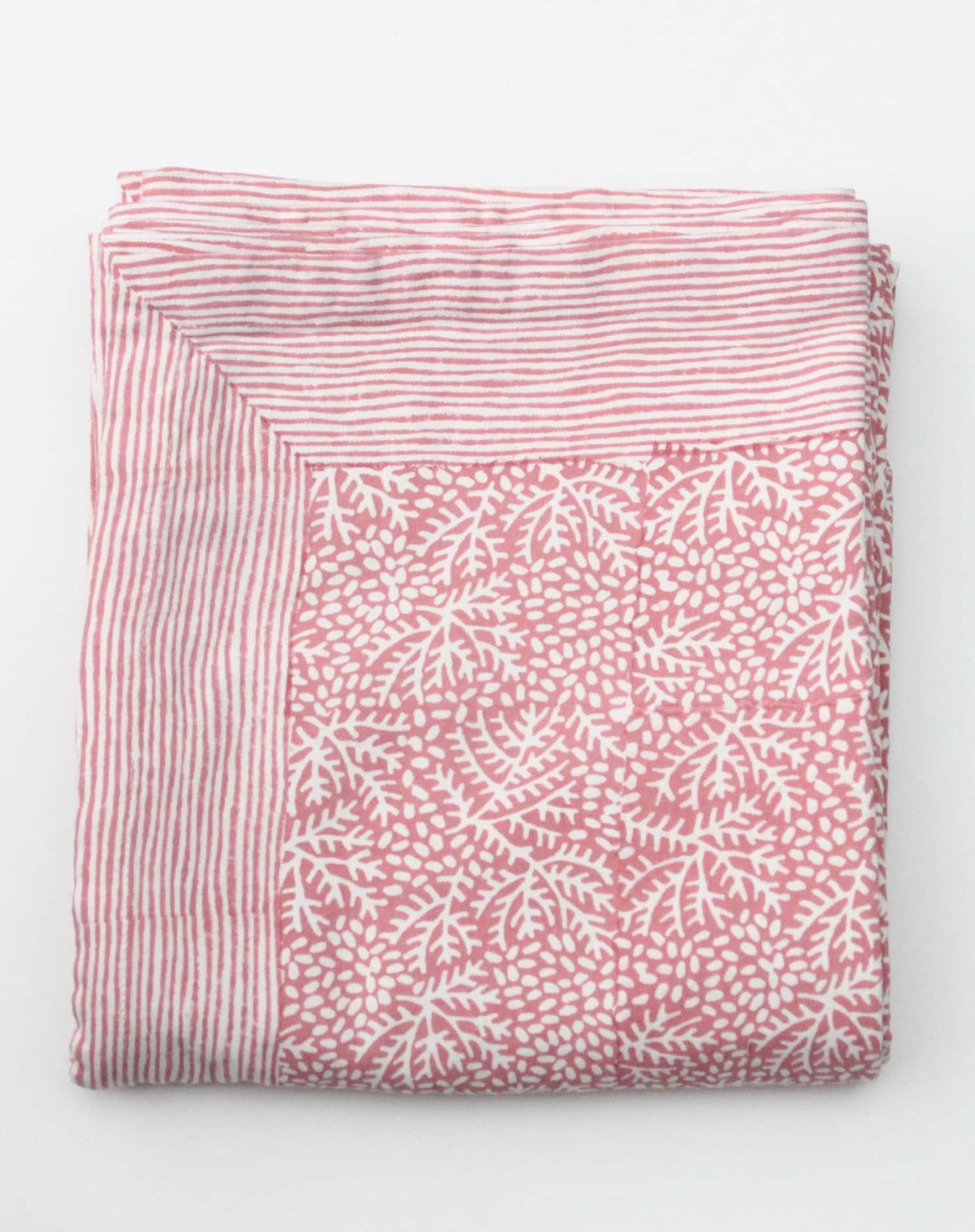 Roza Blue Block Printed Cotton Tablecloth in Floral Coral