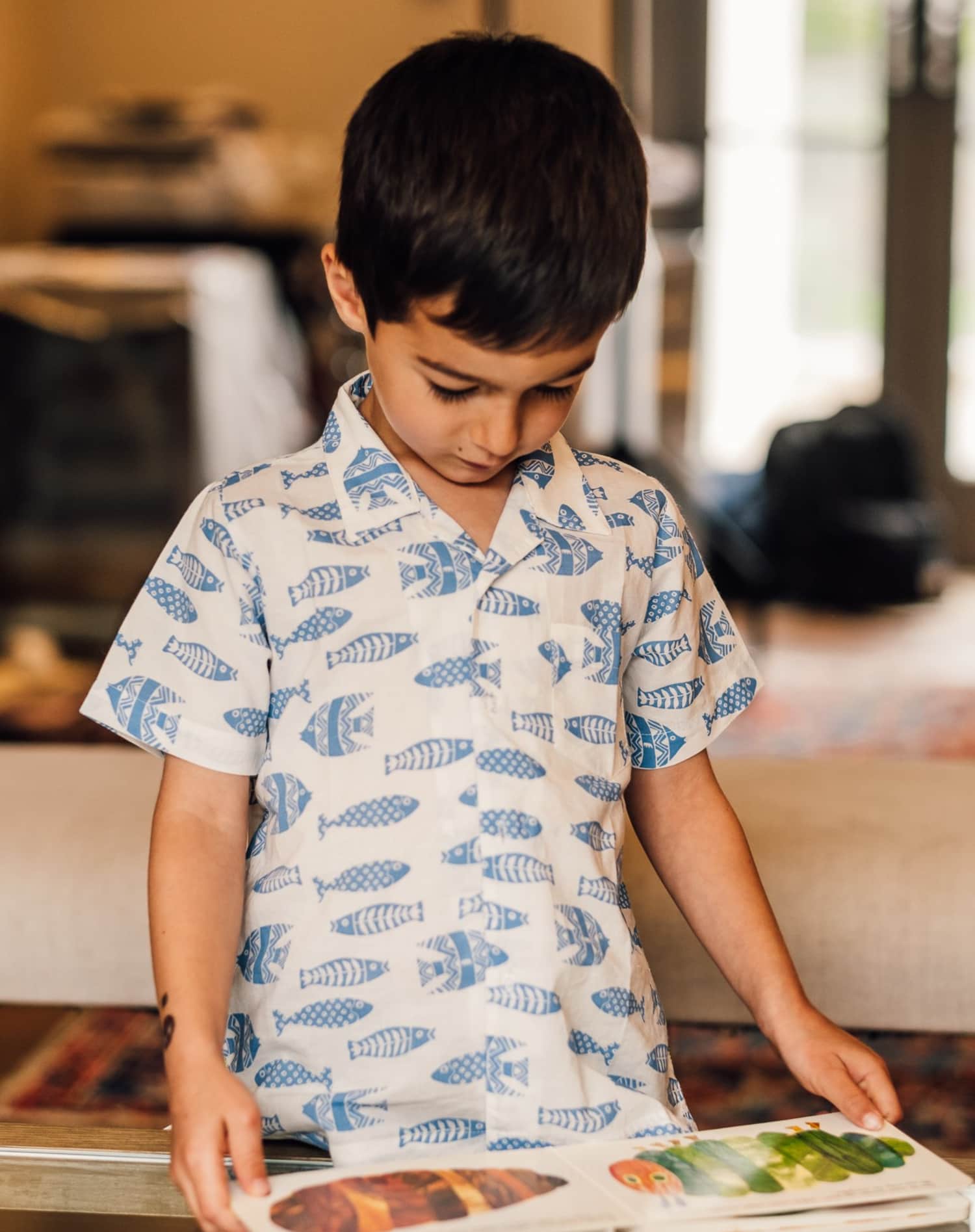 The Almirah Kids Cotton Shirt in Ink Fish Blue Print
