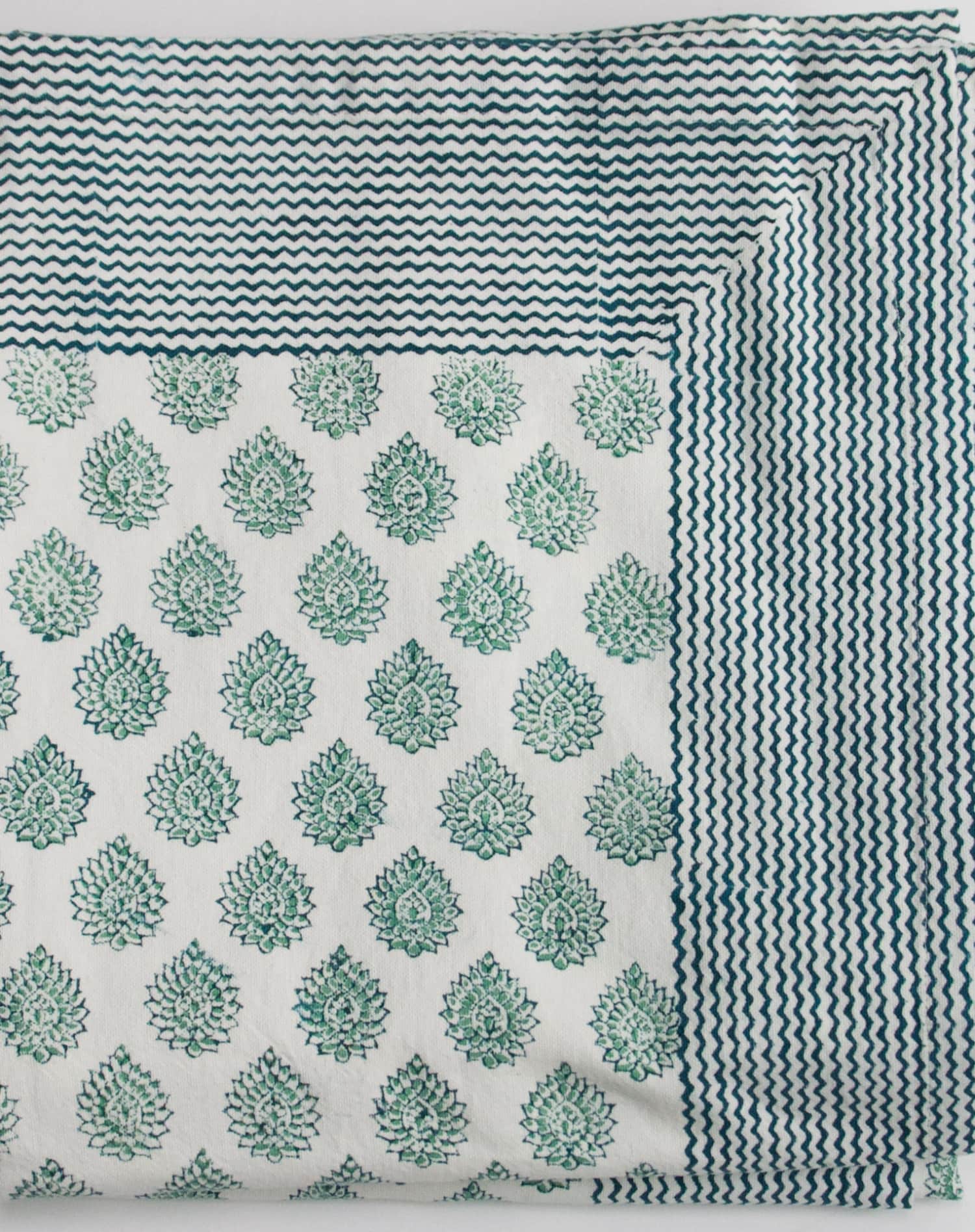Roza Blue Extra Large Block Printed Cotton Tablecloth in Lotus Green