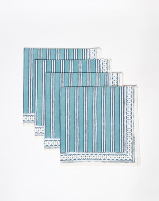 Set of 4 Block Printed Cotton Napkins in Turquoise Stripe