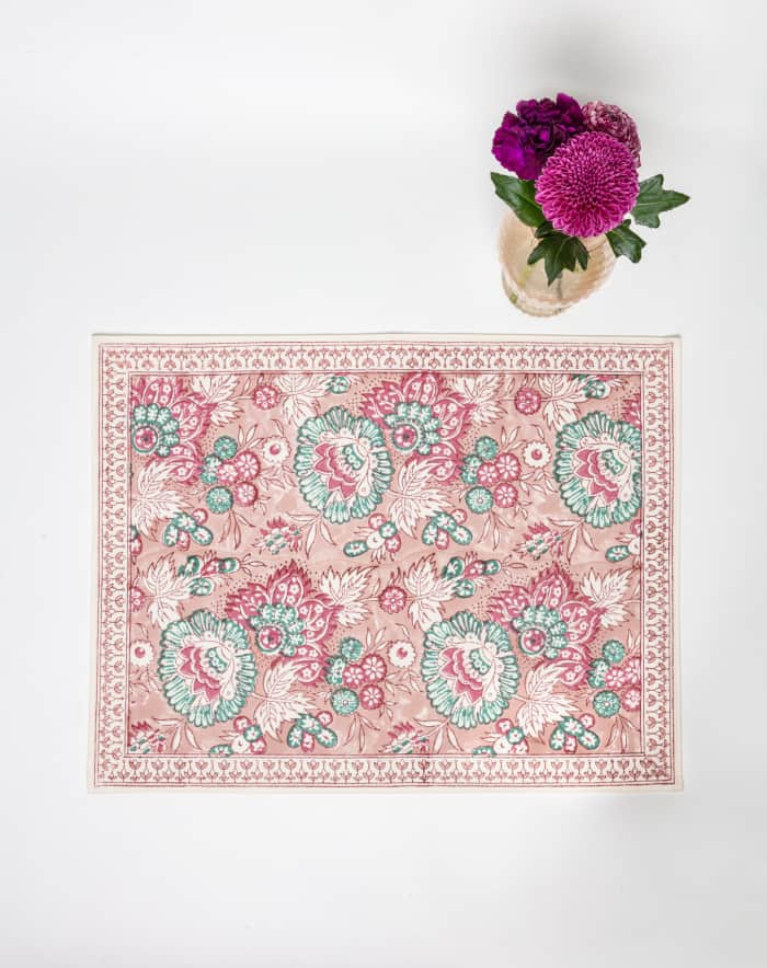 Block Printed Cotton Table Mat in Blush Jaipur Flowers
