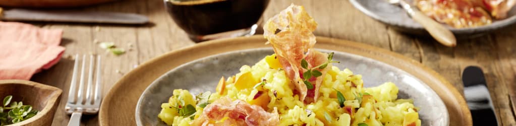 Kürbisrisotto mit gebratenem Pancetta