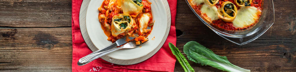 Lasagne-Schnecken mit Mangoldfüllung