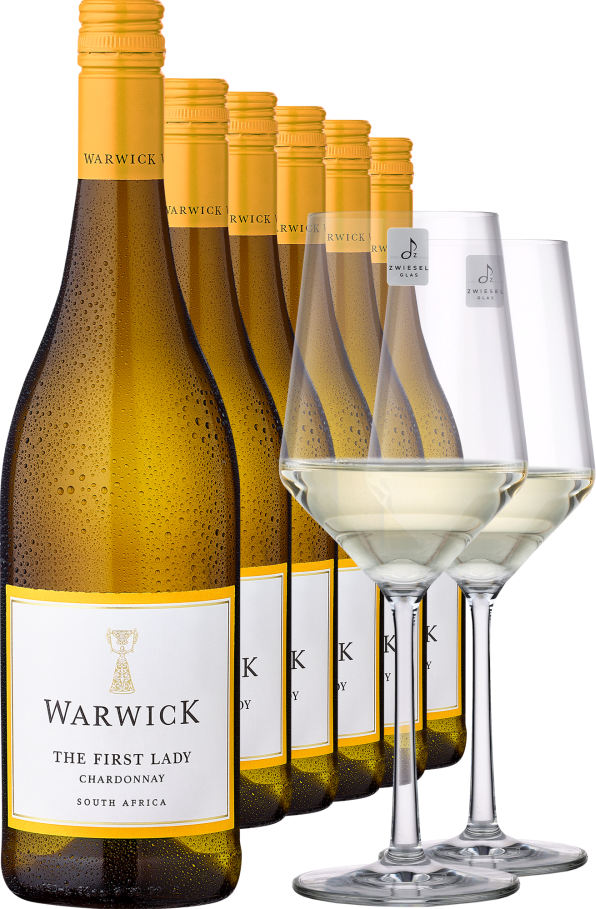 2025 Warwick Estate »The First Lady« Chardonnay im 6er-Vorratspaket inkl. 2er Zwiesel PURE Gläser-Set