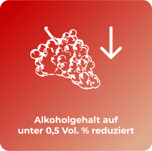 Ein Weinrebenstrang mit der Aufschrift Alkoholgehalt auf unter 0,5% reduziert und einem nach unten zeigenden Pfeil