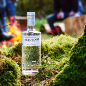 Eine Flasche The Botanist Islay Dry Gin auf moosbewachsenem Waldboden.