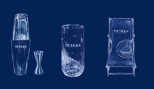 Cocktail-Shaker, Messbecher, Trinkglas und Strandliegestuhl von Metaxa.