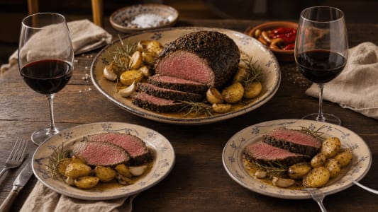 Saftiger Rinderbraten mit Rosmarinkartoffeln und Knoblauch, serviert mit zwei Gläsern Rotwein als klassische Speisebegleitung.