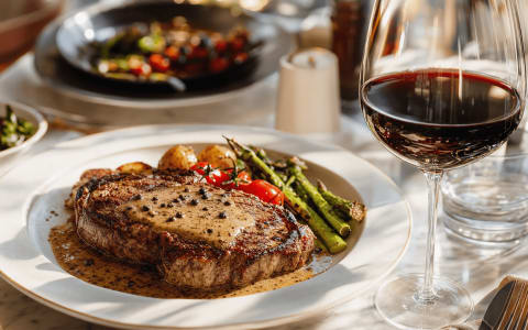 Saftiges Ribeye-Steak mit Pfeffersauce, grünem Spargel und kleinen Kartoffeln, serviert mit einem Glas Shiraz als passende Speisebegleitung.
