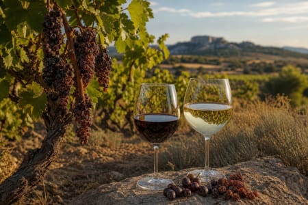 Getrocknete Trauben im Zuge des Appassimento-Verfahrens, daneben je ein Glas Weiß- und Rotwein.