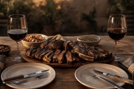 Gegrilltes Asado vom Rind mit aufgeschnittenem Steak und kräftigen Röstaromen auf einer Holzplatte, serviert mit zwei Gläsern Rotwein als Speisebegleitung.
