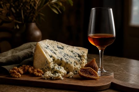 Ein Glas »Blandy's 5 Years Old Reserva« Wein mit Blauschimmelkäse, Feige und Walnüssen.