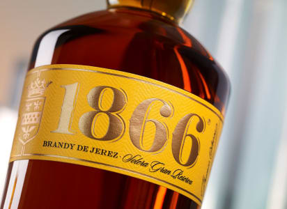 Flaschenetikett eines Brandy de Jerez von der Marke 1866.