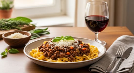 Pasta mit einem Glas Primitivo