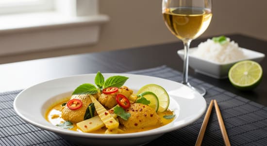 Würziges Thai-Curry mit Fleisch, Bambussprossen, Chili, Basilikum und Limette, serviert mit Reis und einem Glas Weißwein als Food-Pairing.