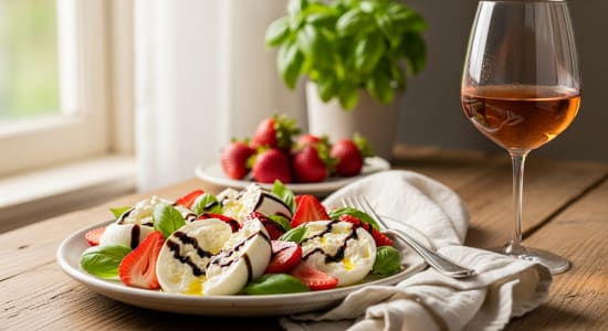 Doppio Passo Rosato zu Caprese mit Erdbeeren und Burrata