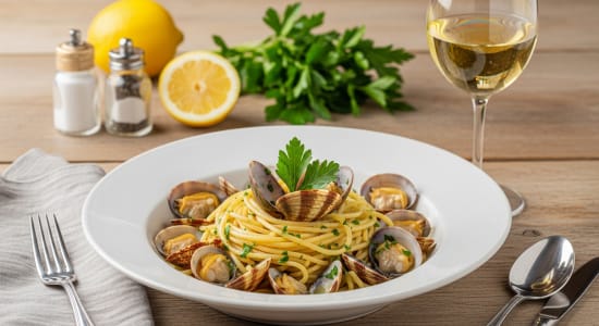 Spaghetti Vongole mit Venusmuscheln, Petersilie und Zitrone auf einem weißen Teller, dazu ein Glas Weißwein auf Holztisch.