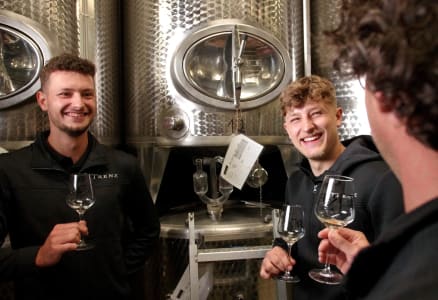 Drei Mitarbeiter des Weingut Trenz verkosten Wein vor Edelstahltanks.