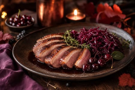 Entenbrust mit Rotkohl und Kräutern.
