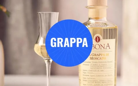 Eine Flasche Grappa der Marke Sibona mit Glas.