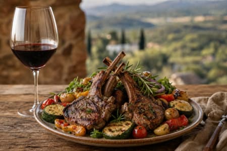 Lammkeulen mit Gemüse, dazu ein Glas Finca San Martin Crianza Rotwein.