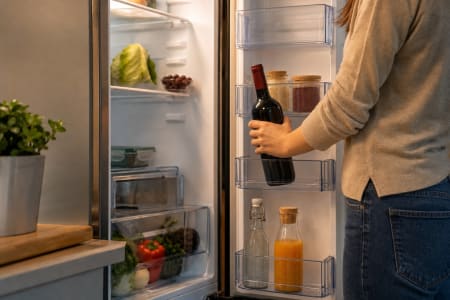 Eine Frau nimmt eine Flasche Rotwein aus dem Kühlschrank.