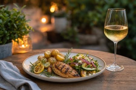 Gegrilltes Hähnchen mit Kartoffeln, Gemüse und einem Glas Weißwein.
