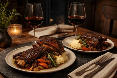 Geschmorte Rinderrippen mit Kartoffelpüree, Wurzelgemüse und Rosmarin, serviert mit einem Glas The Struie Shiraz als passende Speisebegleitung.