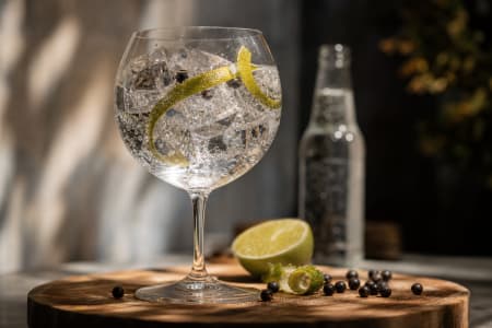 Ein bauchiges Glas Gin Tonic mit Limettenzeste und Wacholderbeeren garniert.