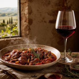 Ein Glas Rotwein mit mediterranem Ragout.