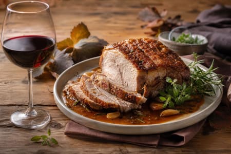 Geschmorter Schweinebraten mit einem Glas Rotwein Poggio delle Faine Rosso.