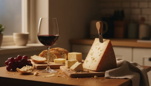 Hartkäse mit Meißel auf einem Holzbrett, dazu ein Glas Rotwein mit Trauben und Brot.