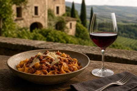 Pasta Ragù mit einem Glas Rotwein.