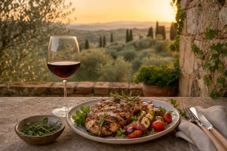 Gegrilltes Hähnchen mit Kräutern, dazu ein Glas Rotwein vor mediterraner Kulisse.